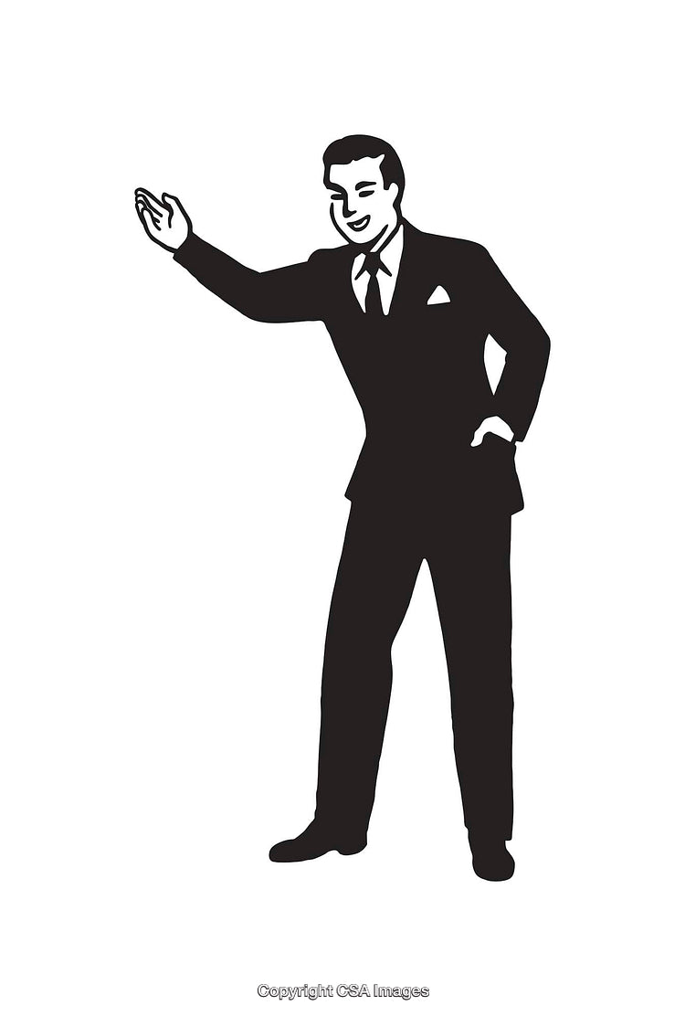 Retro Silhouette of a Man Gesturing in Black and White Line Art