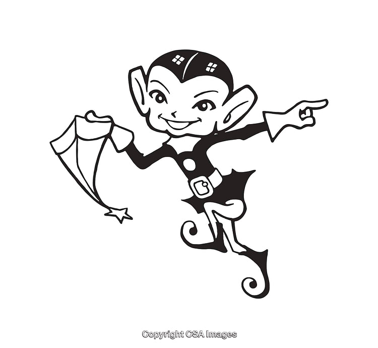 Black And White Line Art Illustration of Playful Elf Holding a Star