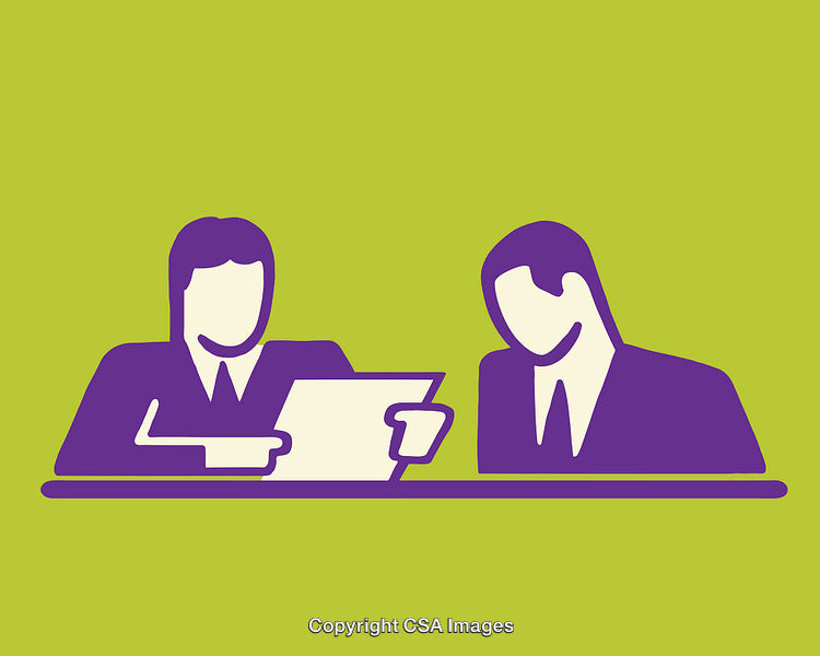 Stylized Business Meeting Illustration in Vibrant Green and Purple Colors