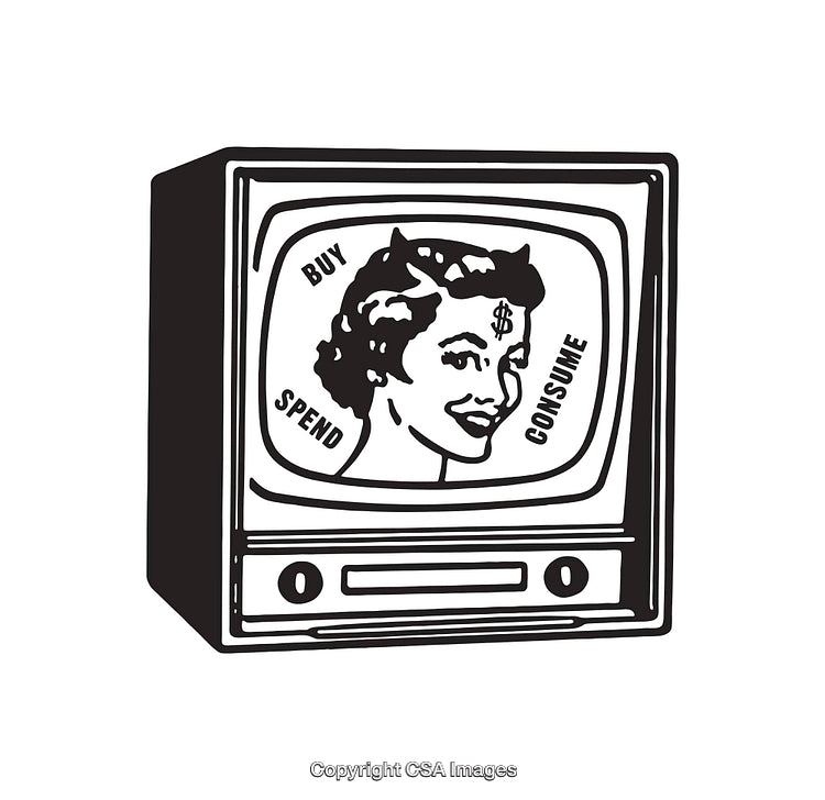 Black-and-White Retro Illustration Depicting Consumerism and Media Influence