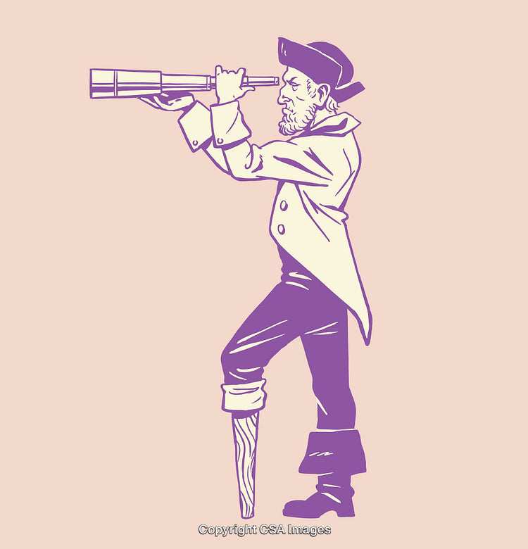 Vintage Pirate Captain with Peg Leg Using a Spyglass Illustration