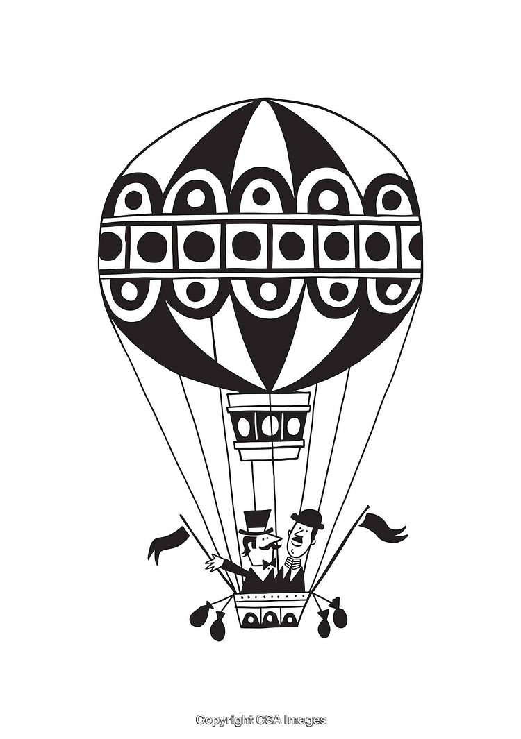 Vintage Hot Air Balloon with Two Characters in Black and White Line Art