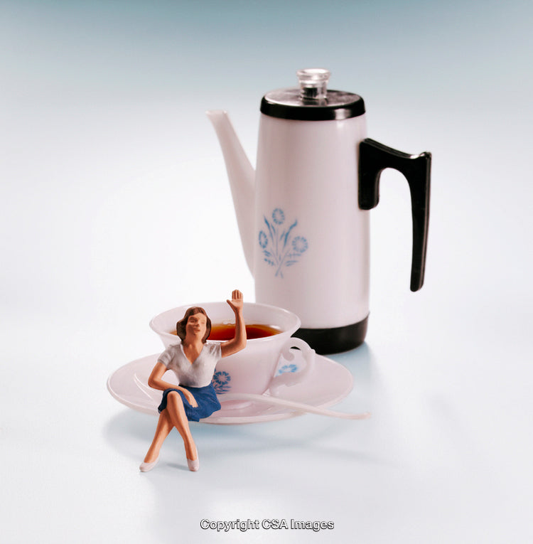 Miniature Figurine on Tea Cup with Vintage Styled Coffee Pot