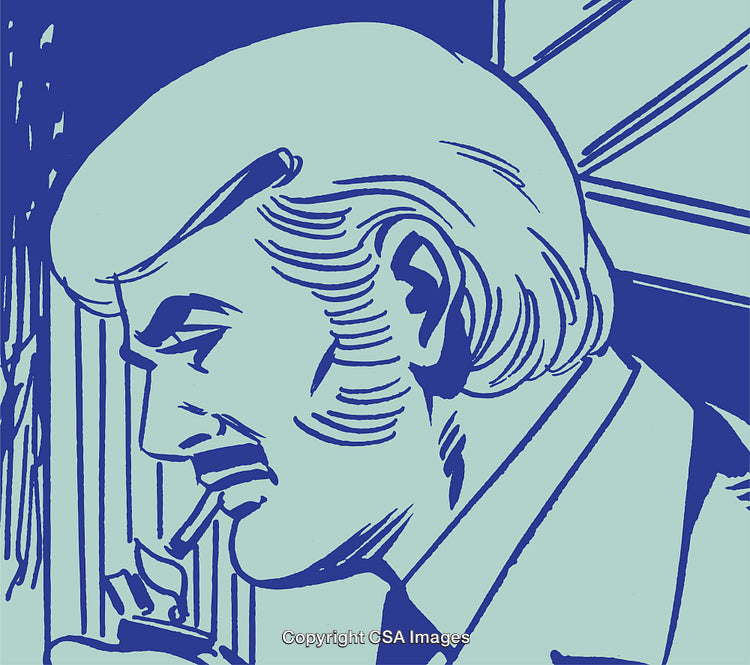 Retro Styled Illustration of a Man Lighting a Cigarette Indoors