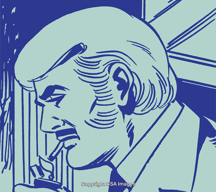 Retro Styled Illustration of a Man Lighting a Cigarette Indoors