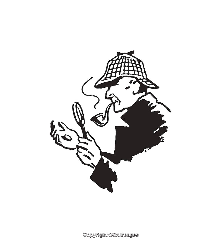Black and White Illustration of a Detective Inspecting Using a Magnifying Glass