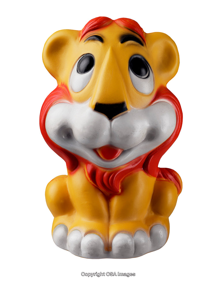 Colorful Plastic Lion Figurine with Cheerful Expression Isolated on White Background
