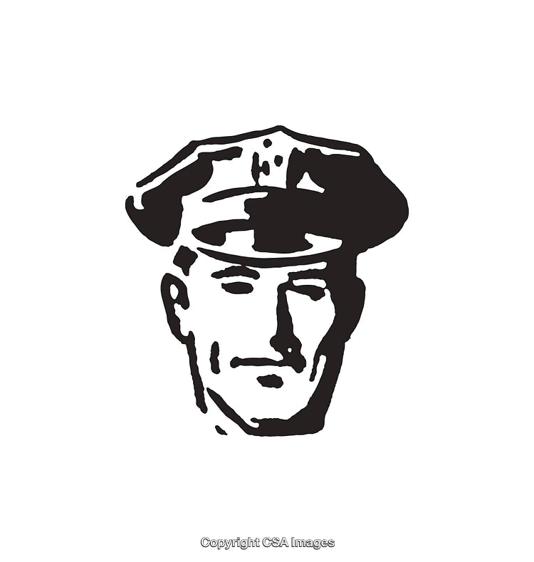 Vintage Black and White Line Art Illustration of a Policeman's Face