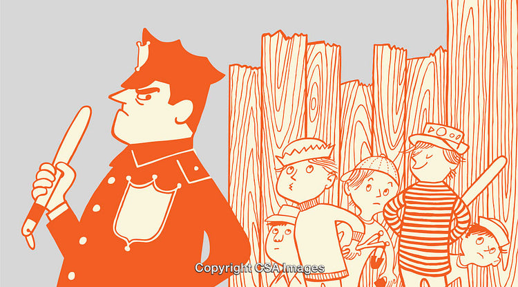 Playful Illustration of Children and Officer in a Colorful Line Art Style