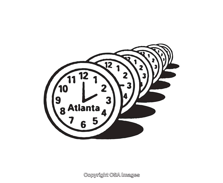 Black and White Illustration of Repeated Clocks with Atlanta Time Displayed