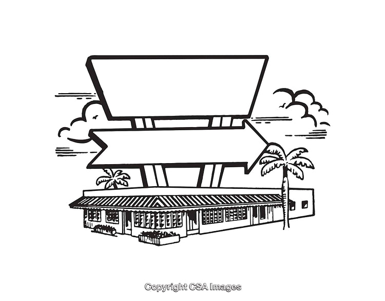 Black and White Line Art Illustration of a Building With Sign