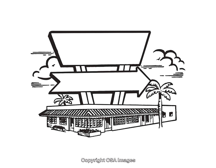 Black and White Line Art Illustration of a Building With Sign