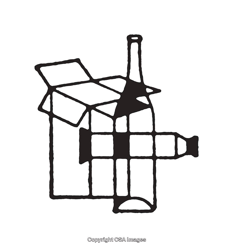 Black And White Minimalist Line Drawing of Bottle and Box