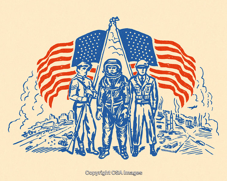 Illustrated American Heroes Depicting Soldier, Astronaut, and Airman With Patriotic Flags