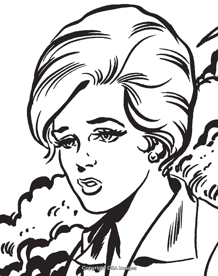Retro Comic Style Illustration of a Thoughtful Woman in Monochrome Design