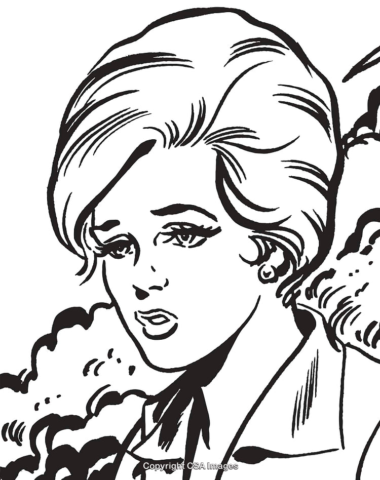 Retro Comic Style Illustration of a Thoughtful Woman in Monochrome Design