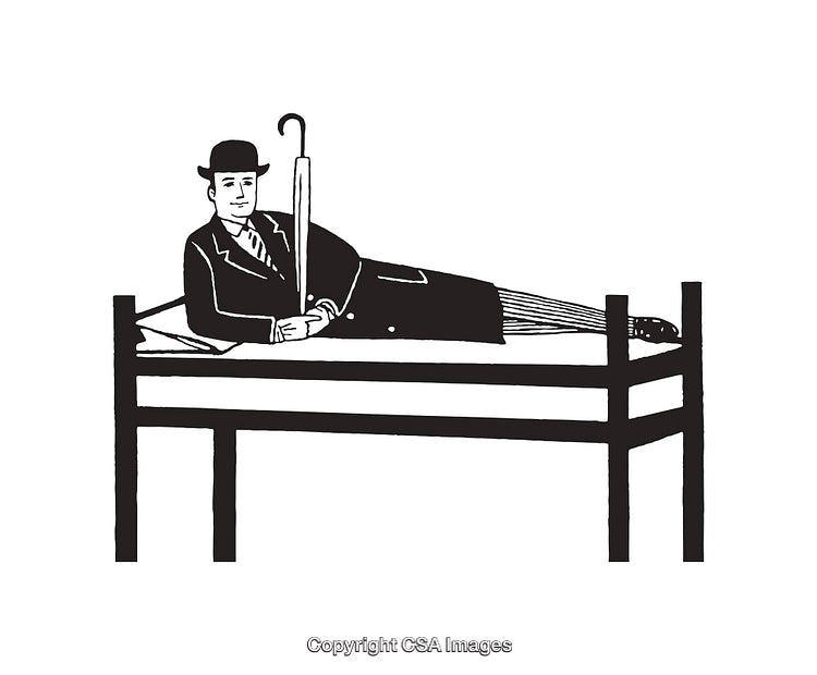 Black and White Illustration of a Man Reclining on a Bed With Umbrella