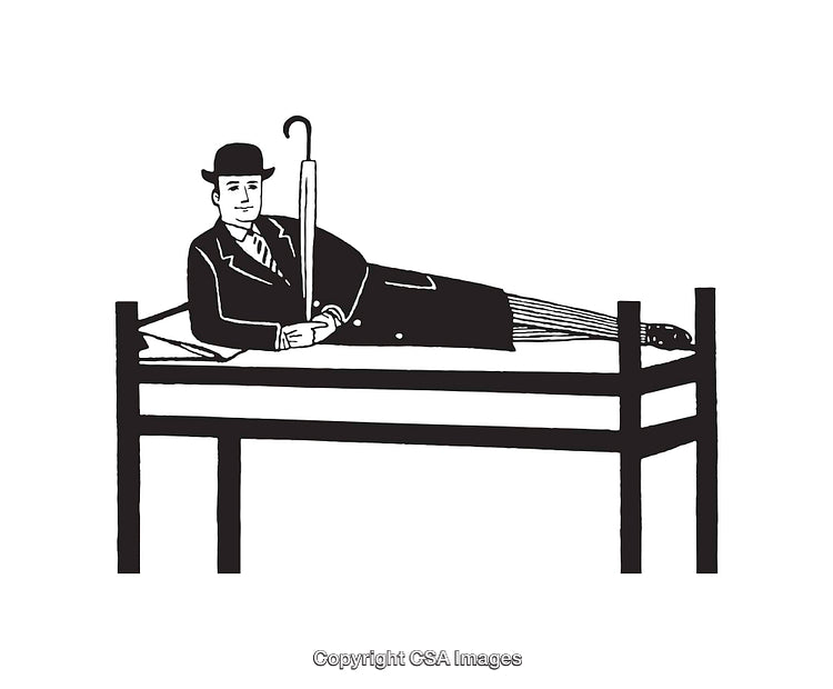 Black and White Illustration of a Man Reclining on a Bed With Umbrella