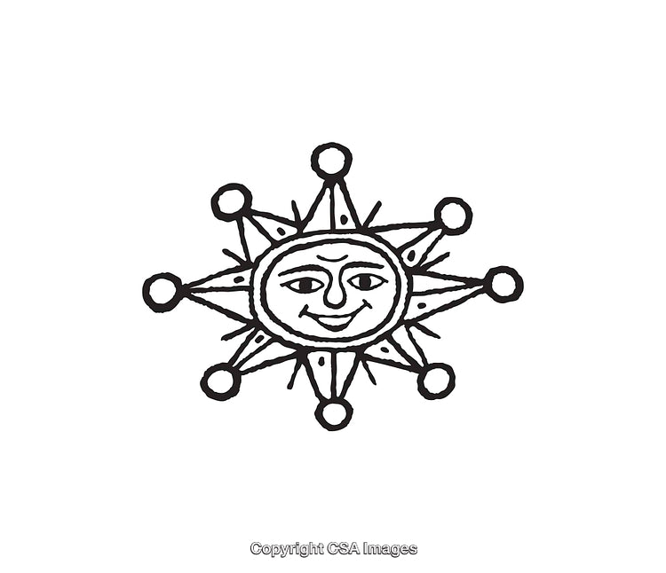 Hand-Drawn Smiling Sun Line Art Illustration with Radiating Rays