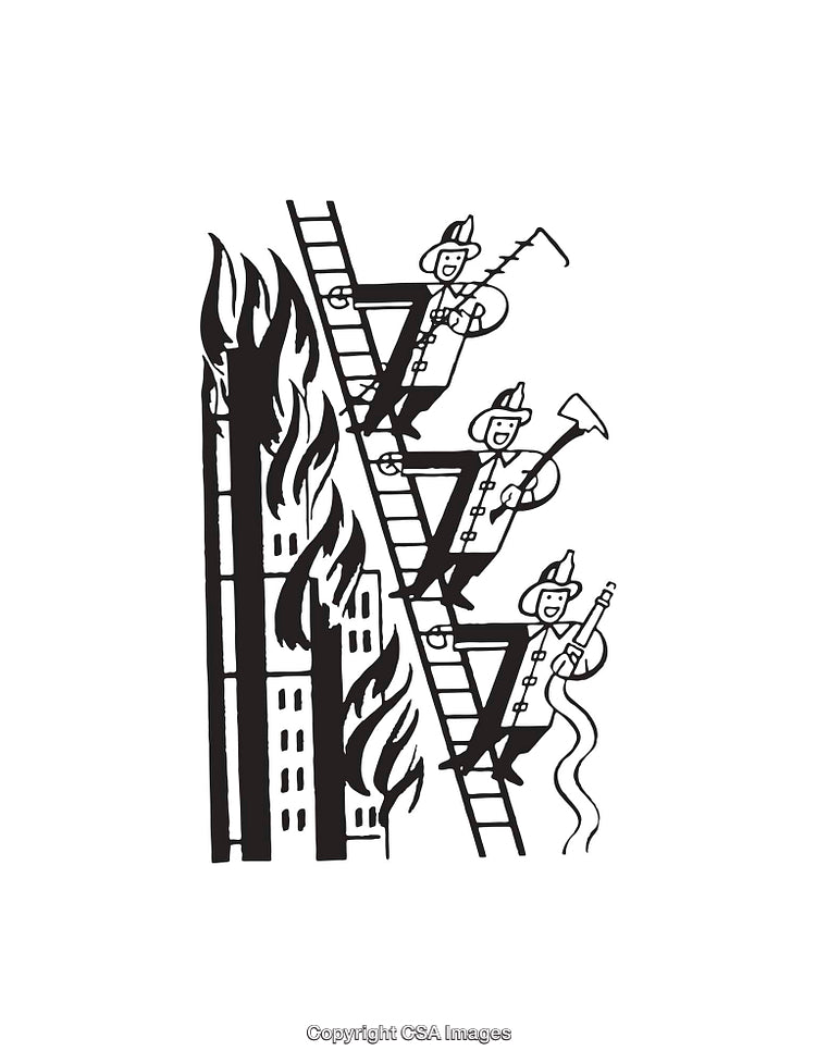 Black and White Illustration of Firefighters Extinguishing a Burning Building