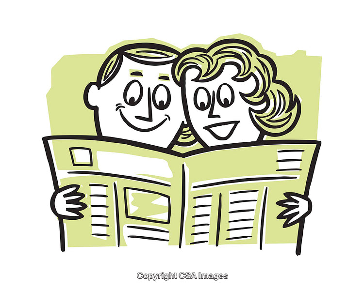 Smiling Couple Reading Newspaper in Whimsical Cartoon Illustration