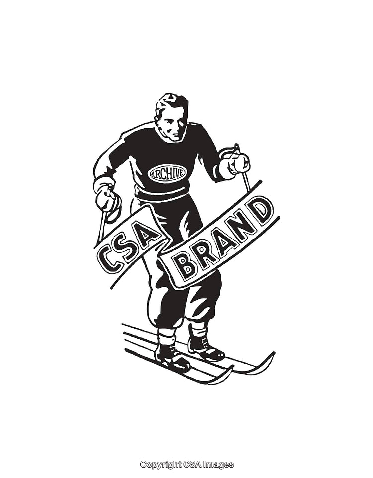 Vintage Black and White Illustration of a Skiing Athlete Logo Design