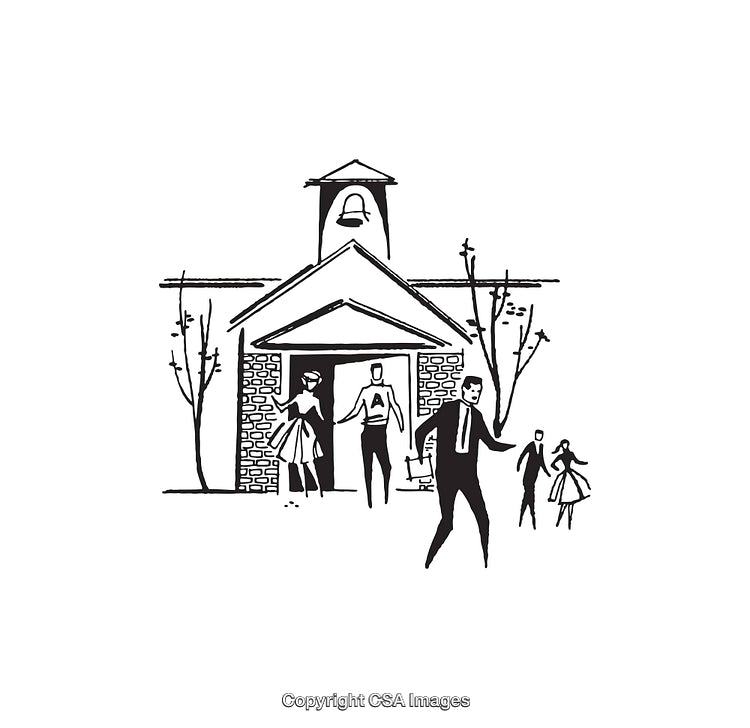 Black and White Line Art Showing People Exiting a Traditional Church Building