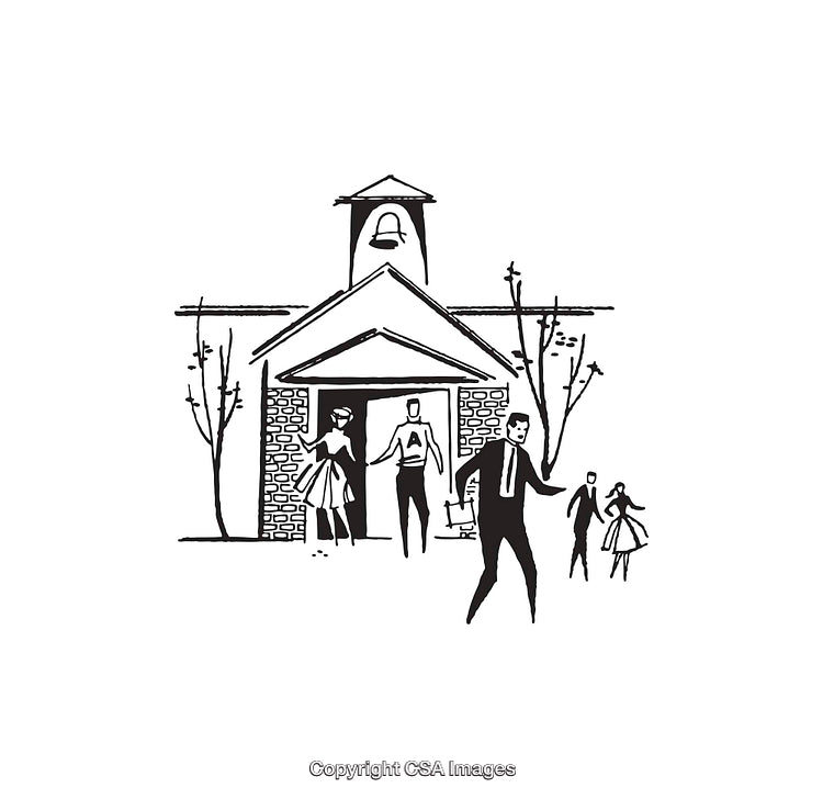Black and White Line Art Showing People Exiting a Traditional Church Building