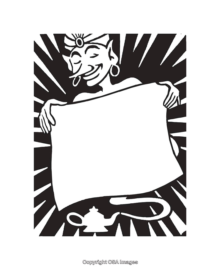 Black and White Illustration of a Genie Holding a Blank Scroll
