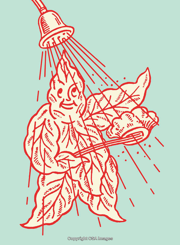 Whimsical Line Art of a Leaf Character Under a Shower