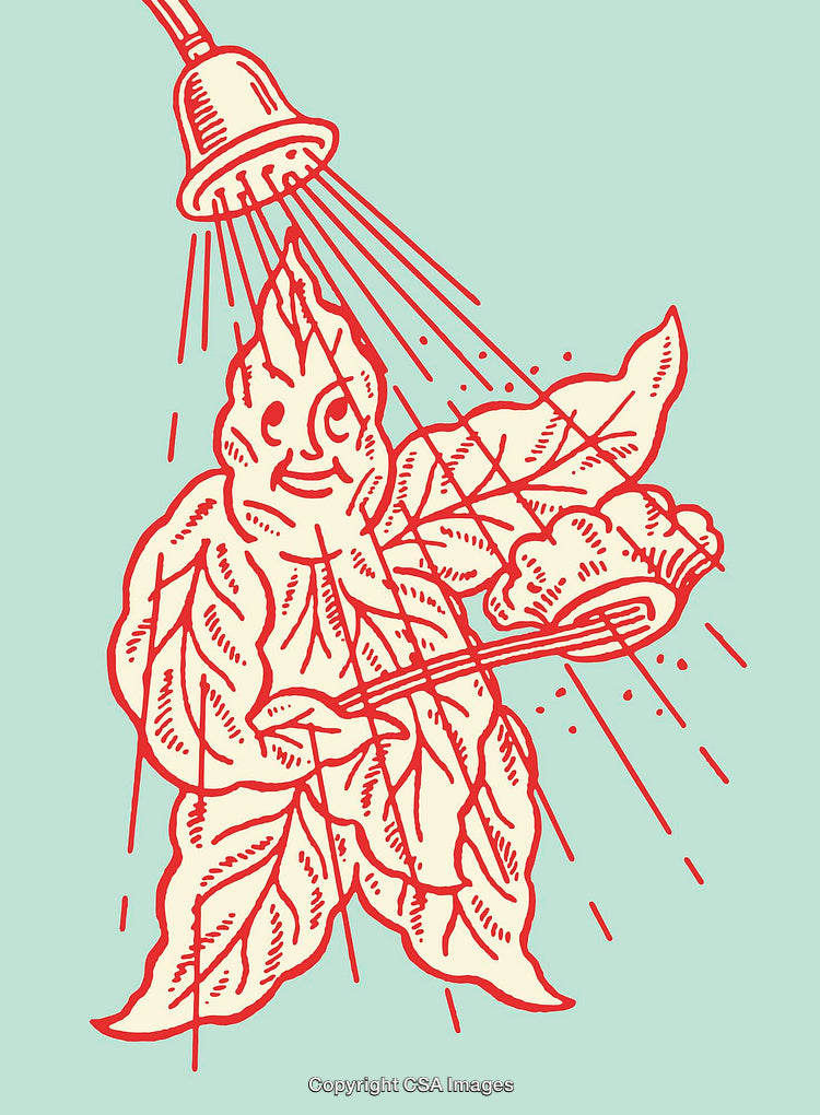 Whimsical Line Art of a Leaf Character Under a Shower