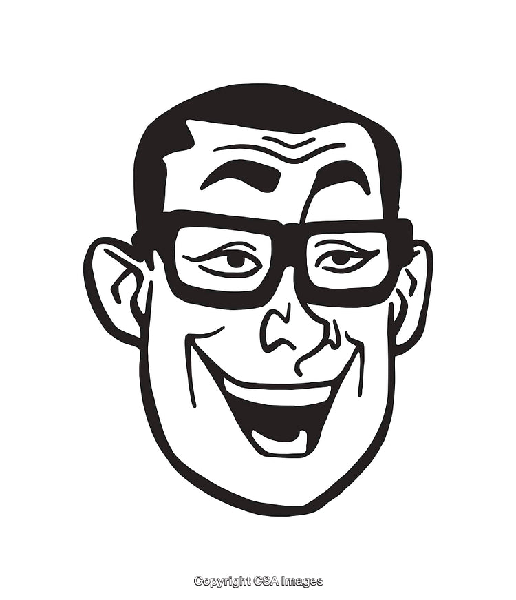 Smiling Cartoon Illustration of a Man Wearing Glasses in Black and White