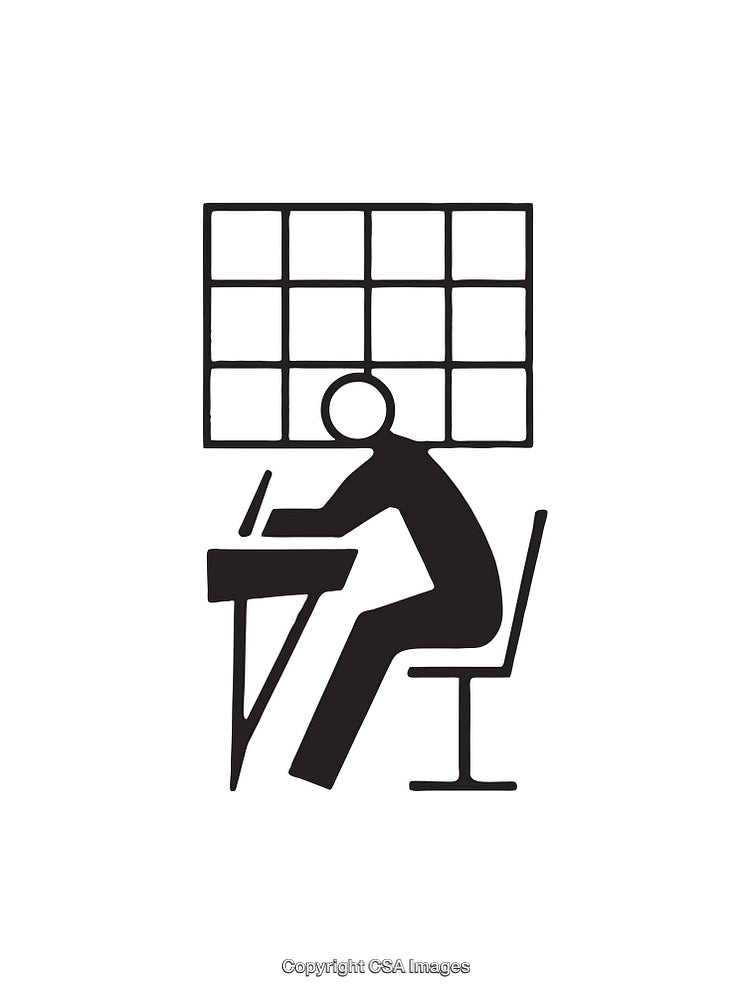 Minimalistic Black-and-White Icon Depicting Desk Work with a Window View