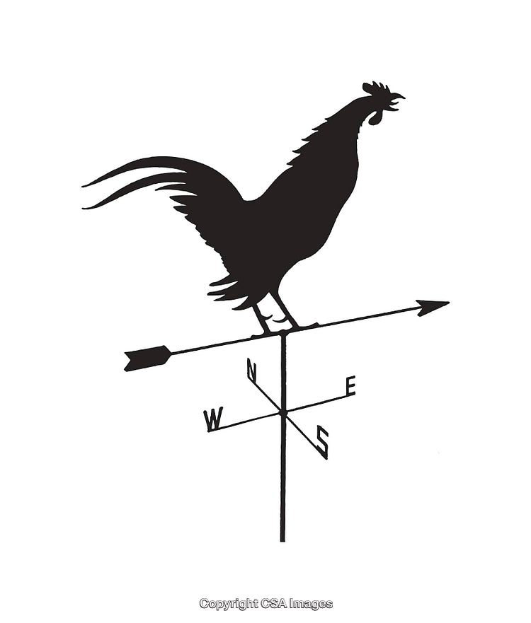 Silhouette Illustration of Rooster Weather Vane in Black and White