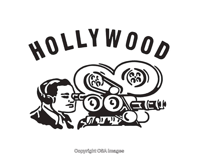 Vintage Hollywood Film Camera Illustration in Black and White Line Art Style