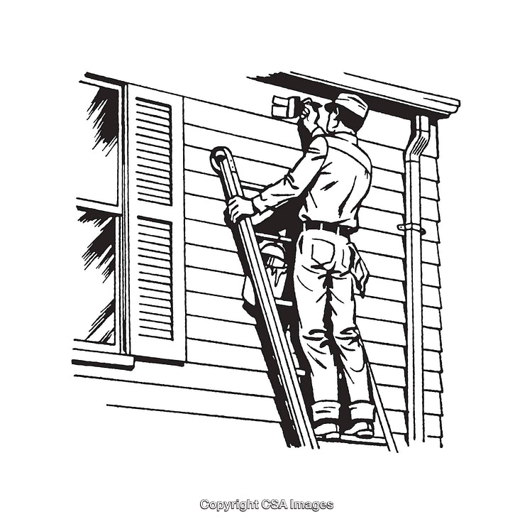Black and White Line Art of a Worker Painting Exterior Wall on Ladder