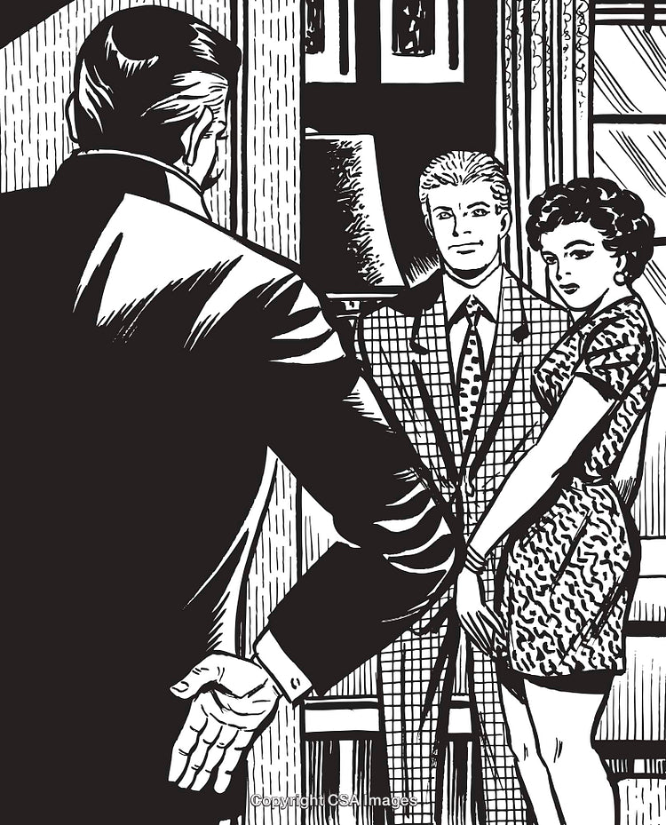 Vintage Comic Art Depicting a Dramatic Confrontation Scene in Black and White