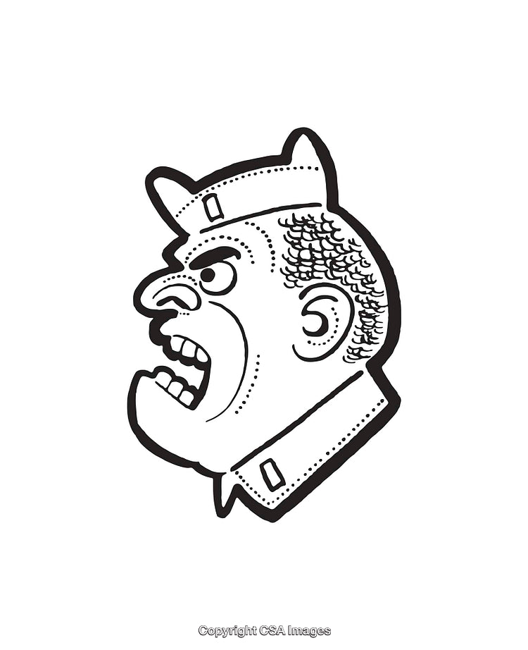 Black and White Line Drawing of a Helmeted Soldier with Intense Expression