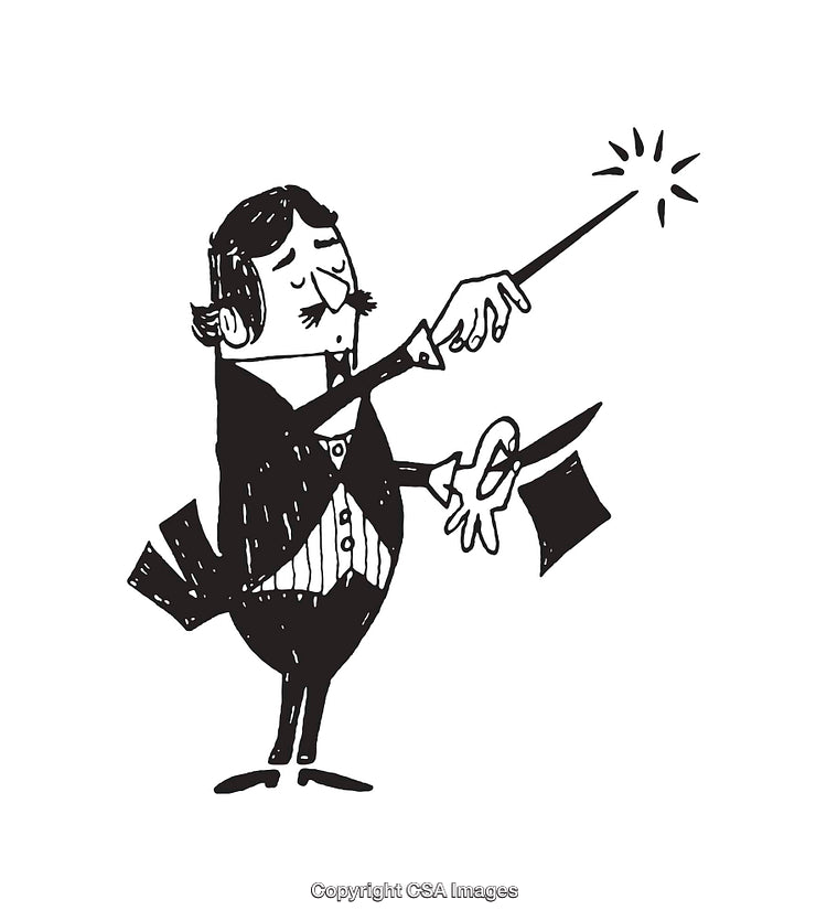 Vintage Line Art Illustration of a Magician Performing an Enchanting Act
