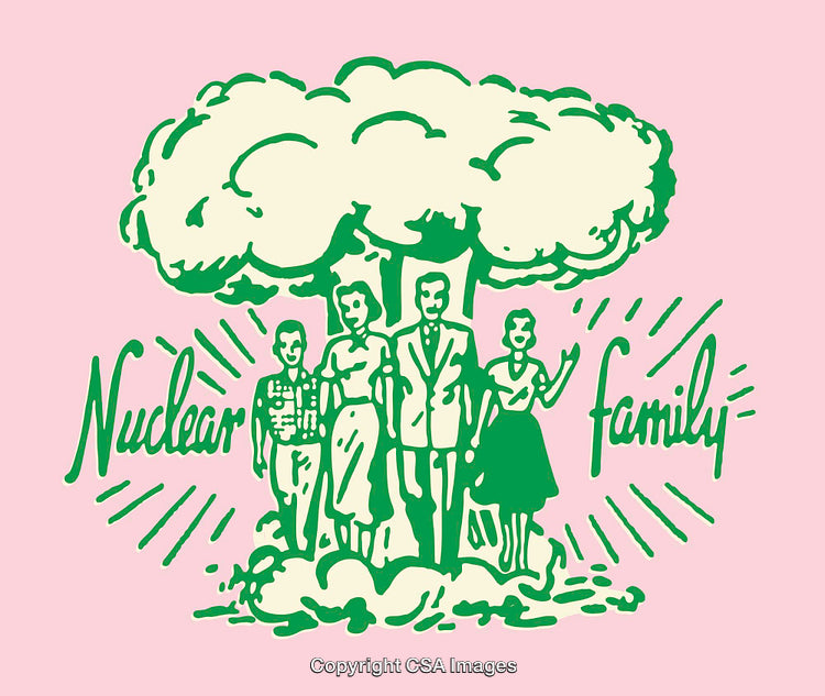Vintage Illustration of a Family with Atomic Explosion Motif