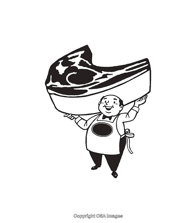 Black and White Illustration of a Butcher and a Giant Steak