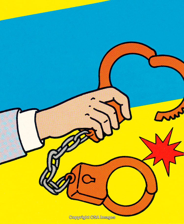 Colorful Pop Art Illustration of Broken Handcuffs and a Hand
