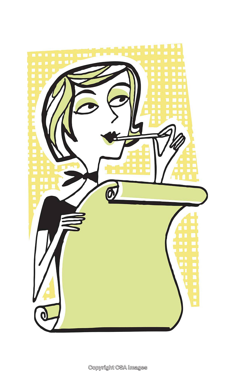 Whimsical Illustration of a Woman Reflecting and Writing on a Scroll Sheet