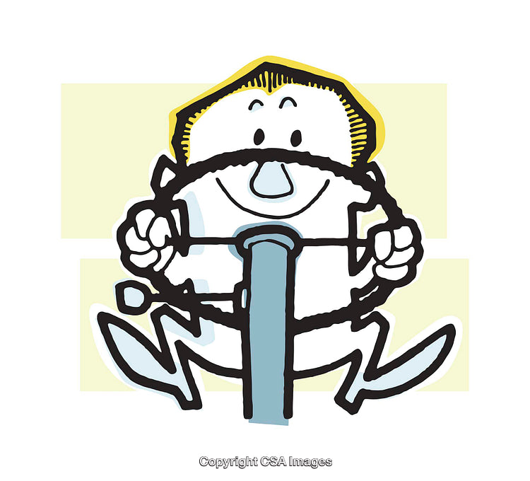 Playful Cartoon Character Steering a Wheel in Motion