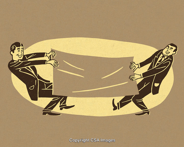 Two Businessmen Competing and Pulling Opposite Sides of a Cloth
