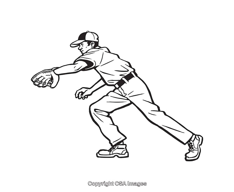 Baseball Player Making a Fielding Play in Black and White Line Art