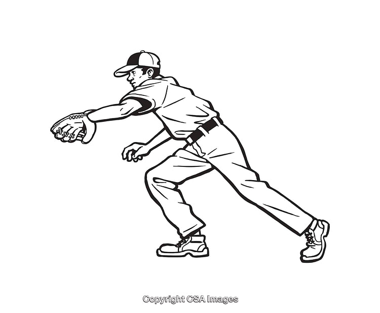 Baseball Player Making a Fielding Play in Black and White Line Art