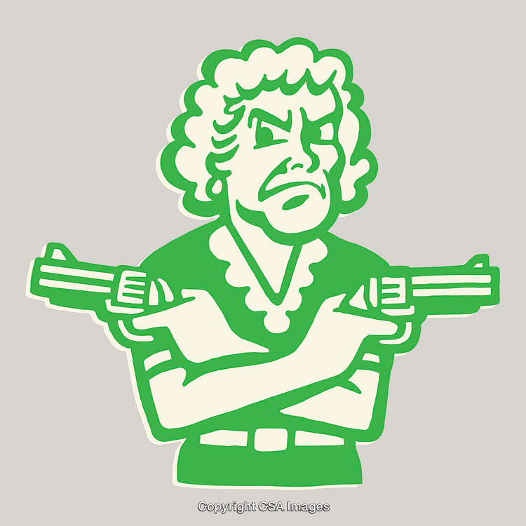 Bold Green Artwork Depicting a Woman Dual-Wielding Pistols in Line Art Style