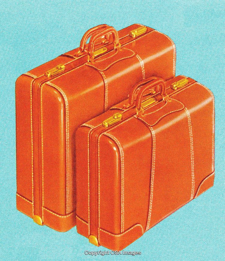 Vintage Travel Luggage Set with Brown Suitcases on Light Blue Background