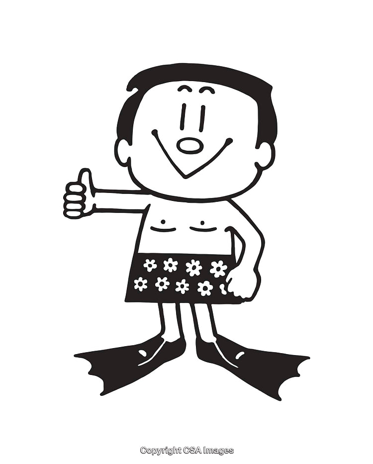 Cheerful Cartoon Diver in Swimwear Giving a Thumbs Up Black and White Art